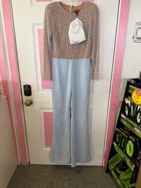 NADINE MERABI Nude Sequin Bodice with Light Blue Wide-Leg Jumpsuit